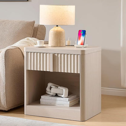 Fluted Nightstand with Charging Station, 23.6" End Table with Open Shelf and Drawers Storage, Bedside Table with Solid Wood Handle, Curved Profile Design, Night Stand for Bedroom