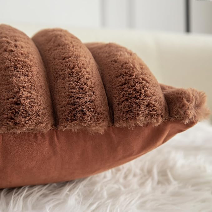 Neelvin Brown Faux Fur Cozy Soft Stripe Decorative Throw Pillow Covers 24x24 inch Set of 2,Velvet Pillowcase Cushion Case for Sofa Couch