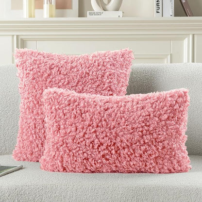FUTEI Pink Decorative Throw Pillow Covers 24x24 Inch Set of 2,Soft Fluffy Faux Wool Fur Boucle Textured European Cushion Case,Modern Home Decor for Couch Bed Living Room Office