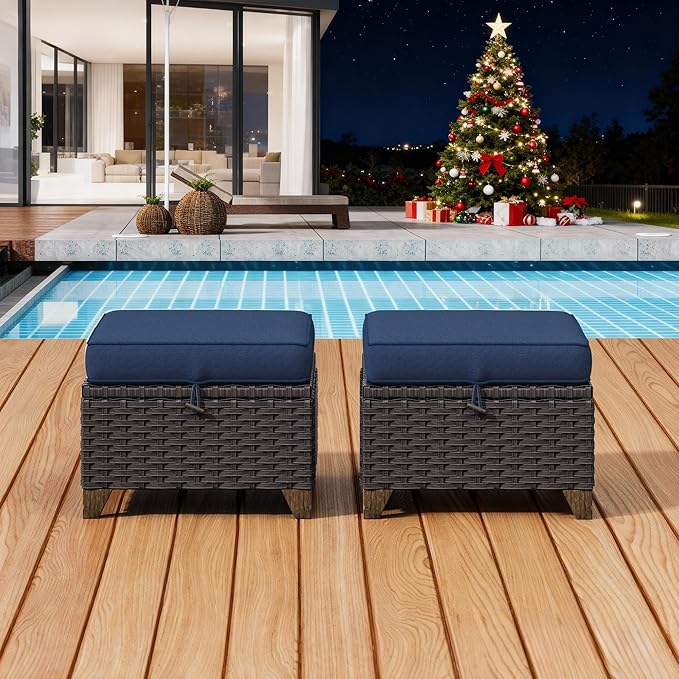 2 Pieces Patio Outdoor Ottomans with Removable and Washable Covers，PE Rattan Wicker Footstools for Porch, Garden, Sunroom (Navy Blue)