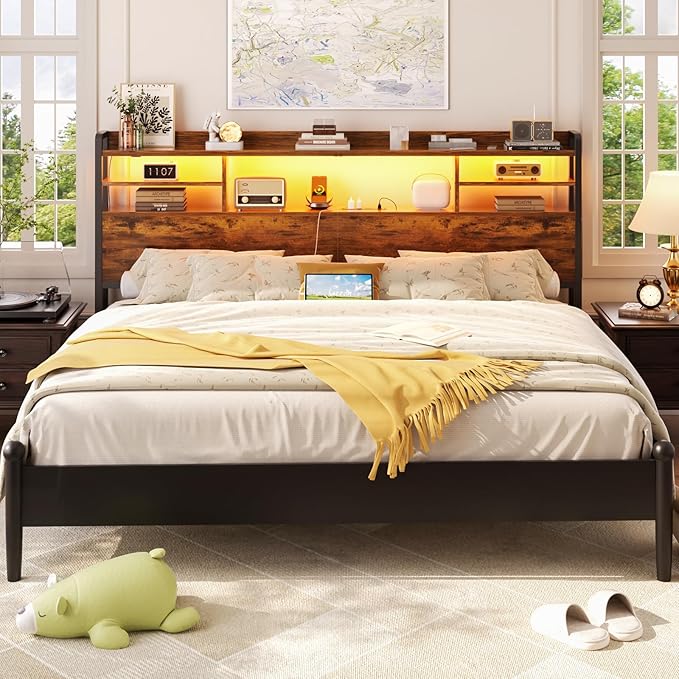 Aheaplus Headboard for Queen Size Bed with Storage, Headboards with LED Light, Power Outlets, USB Ports Queen Size Head Board, Wood headboard Only Sturdy and Stable Headboards, Modern, Rustic Brown