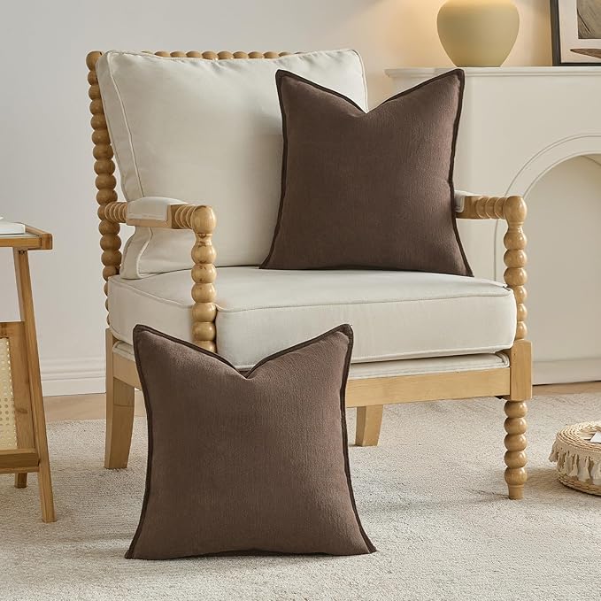 FUTEI Dark Coffee Chenille Throw Pillow Covers 20x20 Inch Set of 2,Edges Double-Stitched Cushion Cases,Modern Home Decor for Couch Living Room