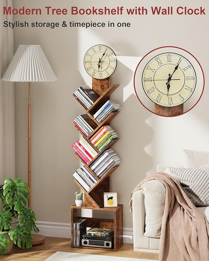7 Tier Tree Bookshelf with Clock and Storage Cabinet, Small Narrow Floor Standing Bookcase for Bedroom, Living Room, Home Office, Rustic Brown