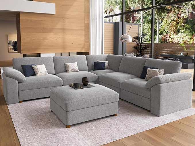 EASE MOOSE Oversized Sectional Modular Sofa, L Shape Grey Sectional Wide Deep seat,FSC Certified Comfortable Chenille Cloud Couch