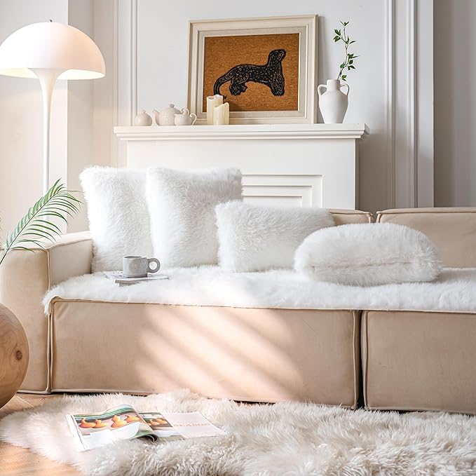 Neelvin Cream White Faux Fur Cozy Fluffy Double-Sided Decorative Throw Pillow Covers 18x18 inch Set of 2,Velvet Pillowcase Cushion Case for Sofa Couch