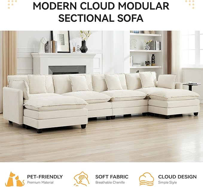 147'' Sectional Cloud Deep Seat Couch, Oversized Chenille U Shaped Sectional Sofa for Living Room Set, Comfy Upholstered Modular Sectional Sofa Couch with 2 Movable Ottoman, Beige