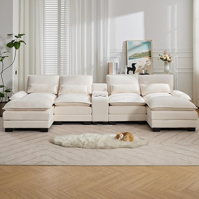 125'' U Shaped Cloud Modular Sectional Sofa with Chaise Lounges, Chenille Upholstered Comfy Couch with Storage Console, USB Charging Ports & Cup Holders, Small Deep Seat Sofa for Living Room, Beige