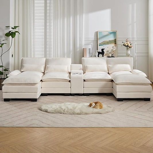 125'' U Shaped Cloud Modular Sectional Sofa with Chaise Lounges, Chenille Upholstered Comfy Couch with Storage Console, USB Charging Ports & Cup Holders, Small Deep Seat Sofa for Living Room, Beige