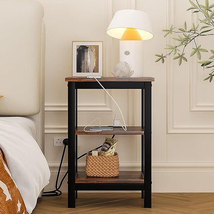 VECELO Modern Nightstands with Charging Station,Side End Table Night Stand with Storage Shelf for Small Spaces, Bedroom,Living Room