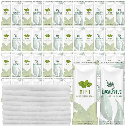 50 Pcs Moist Towelettes Individually Wrapped Scented Disposable Face Towels Essential Oil Infused Moist Terry Cotton Towel for Use Hot or Cold Travel Body Spa (Mint, Eucalyptus Leaves)