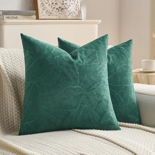 FUTEI Christmas Dark Green Velvet Throw Pillow Covers 24x24 Inch Set of 2,Soft Embossed Leaf-Relief Textured European Cushion Cases,Natural Home Decor for Couch Living Room