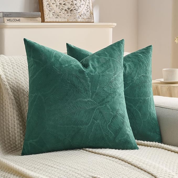 FUTEI Christmas Dark Green Velvet Throw Pillow Covers 22x22 Inch Set of 2,Soft Embossed Leaf-Relief Textured Cushion Cases,Natural Home Decor for Couch Living Room