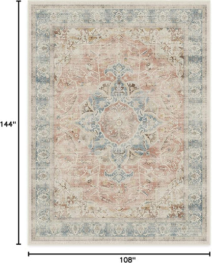 RUGGABLE Washable Vintage Area Rug – Sarrah Coral 9x12, Stain-Resistant, Non-Slip – Large Machine Washable Rugs for Living Room, Bedroom, Hallway, Entryway & Office–with Standard Pad