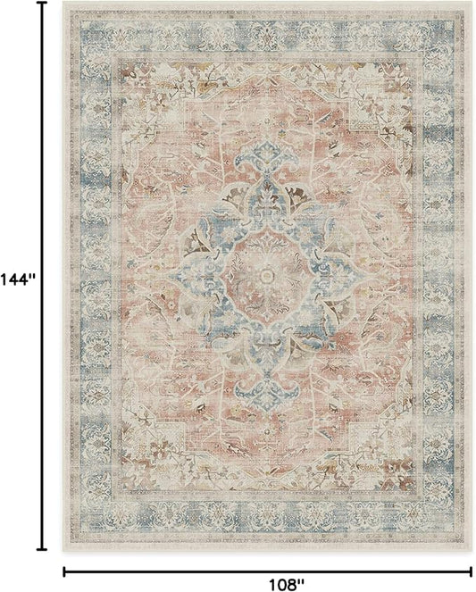 RUGGABLE Washable Vintage Area Rug – Sarrah Coral 9x12, Stain-Resistant, Non-Slip – Large Machine Washable Rugs for Living Room, Bedroom, Hallway, Entryway & Office–with Cushioned Pad