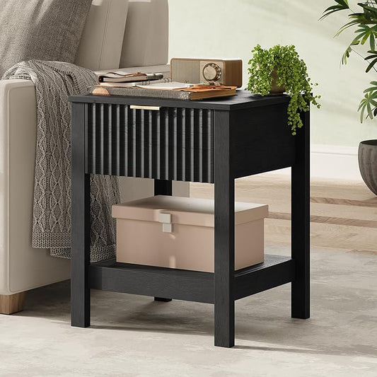 Fluted Night Stand with Golden Handle,Mid-Century Nightstands with Drawer,Modern Bedside Table with Storage Shelf,Large End Tables for Livingroom,Bed Side Tables for Bedroom,Black Wood Grain