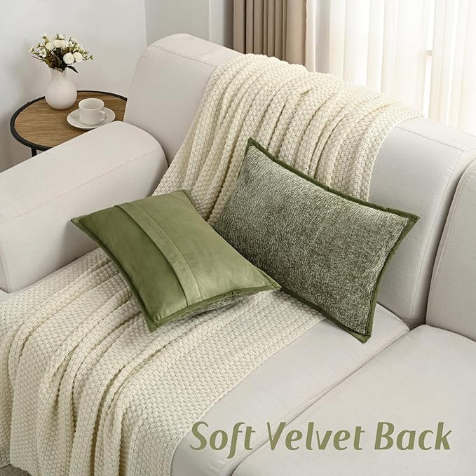 FUTEI Sage Green Chenille Throw Pillow Covers 12x20 Inch Set of 2,Soft Cozy Bound Edge Design Lumbar Pillow Cases,Home Decor for Couch Bed Living Room