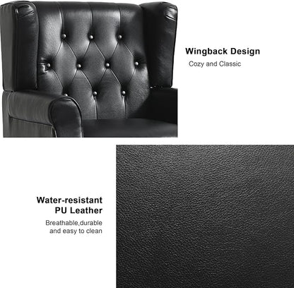 Accent Chair, Upholstered Armchair with Button Tufted High Back & Solid Wood Legs, Comfy Wingback Reading Single Sofa Chair for Small Spaces, Living Room, Bedroom (Leather Black, Set of 1)