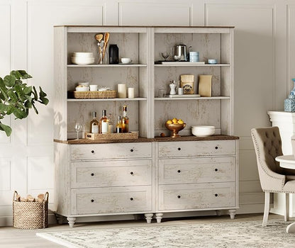 WAMPAT 3 Tier Bookshelf with 3 Drawers, 72" Tall Bookcase Large Farmhouse Display Book Case Shelf with 3-Tier Open Book Shelfs，Library Wood Bookshelves for Living Room,Kitchen, Rustic White (2PCS)