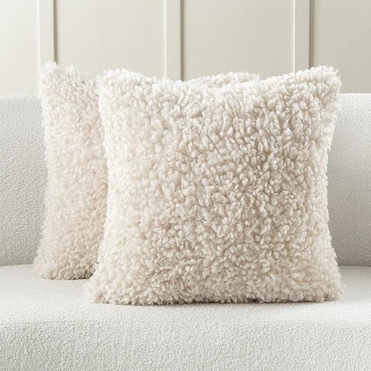 FUTEI Beige Decorative Throw Pillow Covers 22x22 Inch Set of 2,Soft Fluffy Faux Wool Fur Boucle Textured Cushion Case,Modern Home Decor for Couch Bed Living Room Office