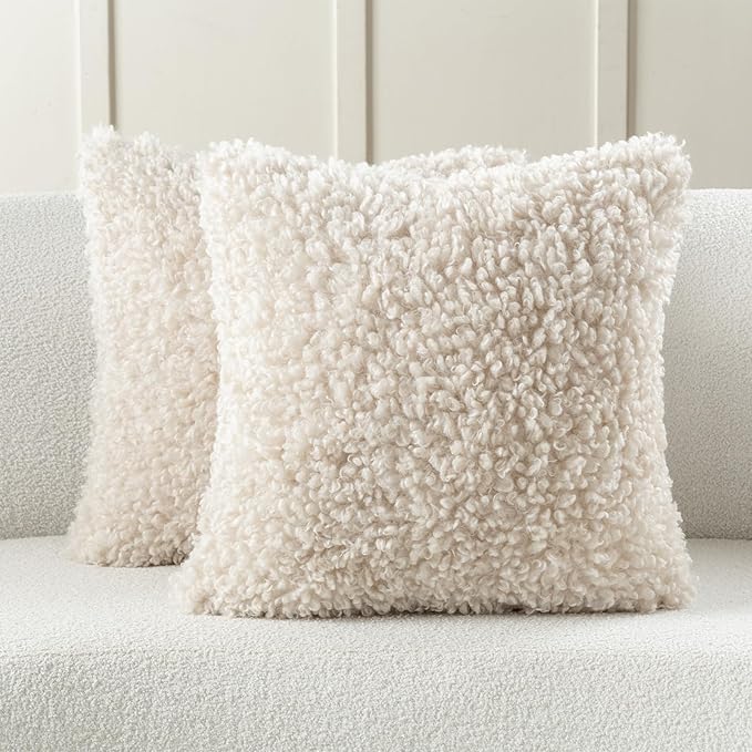 FUTEI Beige Decorative Throw Pillow Covers 26x26 Inch Set of 2,Soft Fluffy Faux Wool Fur Boucle Textured Euro Pillow Shams,Modern Home Decor for Couch Bed Living Room Office