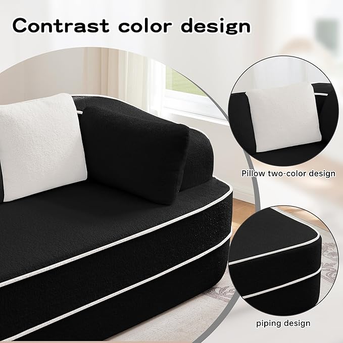 135" Modular Sectional Couch, 4-Seater with Throw Pillows Modern Teddy Fabric Foam Boneless Sofa for Living Room, Oversized with Deep Seat, No Assembly Required,Black