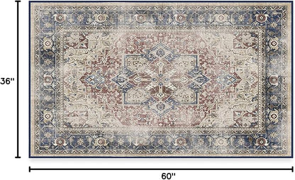 RUGGABLE Washable Vintage Area Rug – Kamran Royal Blue 3x5, Stain-Resistant, Non-Slip – Small Machine Washable Rugs for Living Room, Bedroom, Hallway, Entryway & Office–with Cushioned Pad