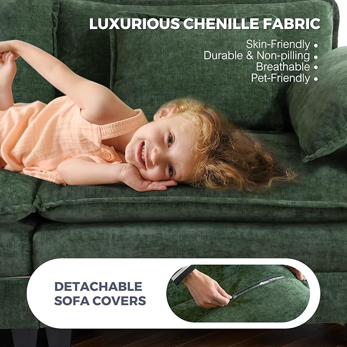 ELUCHANG 116" Luxury Modular Sectional Sofa, Comfy Deep Seat Cloud Couch, Sleeper Sofa Bed, 6 Seat Modern Couch with Removable Cover for Living Room, Apartment, DIY Combination, Chenille Olive Green