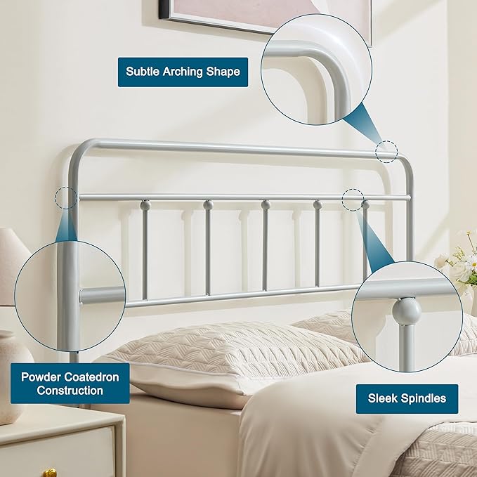 Metal Headboard Queen Size, Sturdy and Durable Iron Queen Headboard Only Adjustable Height from 34” to 44”, Victorian Vintage Bed Headboards, Farmhouse Head Board, Bed Frame Mount Grey