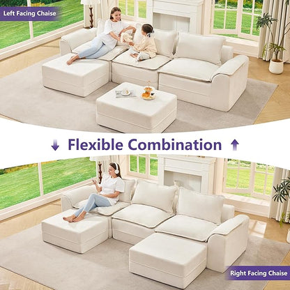 Hobestluk 120" Cloud Modular Sectional Couch 3-Seater Sofa with Ottomans U Shaped Couch Deep Seat Sofa with Removable Cover Large Sofa for Living Room (Beige, 3-Seater Sofa with Two Ottomans)