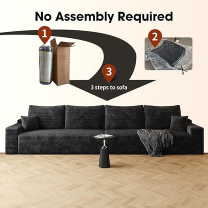 140.2" Cloud Modular Black Sofa, 4-Seater Upholstered Couches for Living Room, Modern Minimalist Deep Seat Boneless Couch, No Assembly Required, Plush Corduroy Fabric
