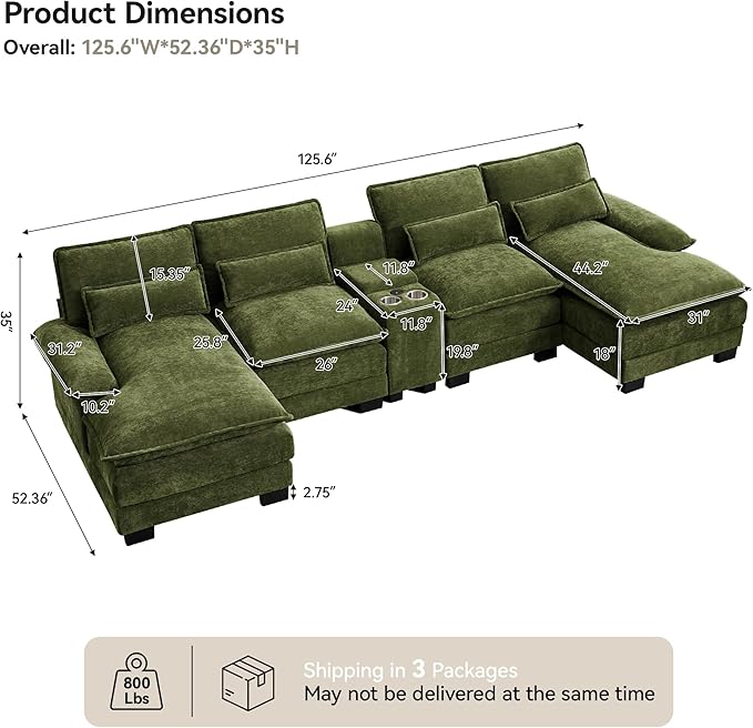 U Shaped Sectional Sofa with Storage Console, Cup Holders & USB Ports, Small Modular Cloud Couch with Deep Seats, Modern Comfy Living Room Sofa for Apartment, Chenille Green