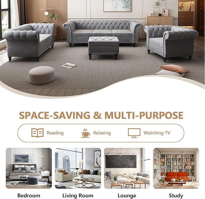2 Piece Living Room Sofa Set, 3 Seater Velvet Sofa Couch and Chair Set, Mid Century Modern Upholstered Couch with Cushions, Comfy Tufted Chesterfield Couches for Living Room, Bedroom, Office