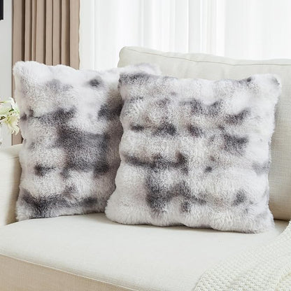FUTEI Grey White Decorative Throw Pillow Covers 26x26 Inch Set of 2,Soft Fuzzy Faux Rabbit Fur Euro Pillow Shams with Raised Texture,Neutral Boho Home Decor for Couch Bed Living Room