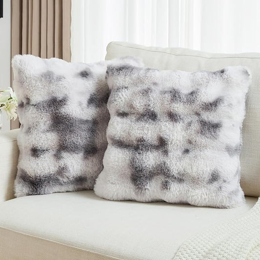 FUTEI Grey White Decorative Throw Pillow Covers 18x18 Inch Set of 2,Soft Fuzzy Faux Rabbit Fur Cushion Covers with Raised Texture,Neutral Boho Home Decor for Couch Bed Living Room