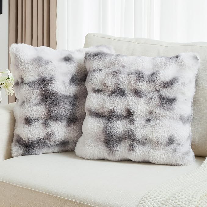 FUTEI Grey White Decorative Throw Pillow Covers 16x16 Inch Set of 2,Soft Fuzzy Faux Rabbit Fur Cushion Covers with Raised Texture,Neutral Boho Home Decor for Couch Bed Living Room