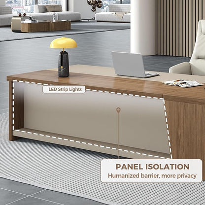 Premium Executive Desk, Modern L Shape Office Executive Desk with Drawers, Lockable Storage & Cable Management(Champagne Wood Grain+Beige/Left,79" L*63" W*30" H)