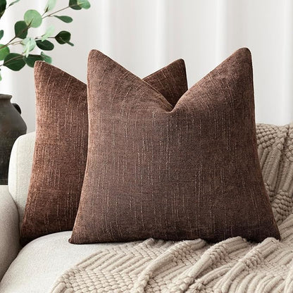 Foindtower Pack of 2 Soft Textured Chenille Throw Decorative Pillow Covers Square Accent Solid Cushion Cover Cozy Neutral Farmhouse Pillow Case for Couch Sofa Bedroom Living Room 18x18 Inch,Red Brown