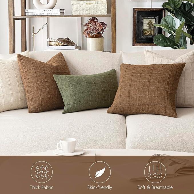 Foindtower Set of 2 Decorative Linen Check Throw Pillow Covers Neutral Farmhouse Lumbar Cushion Covers Modern Boho Home Decor for Sofa Chair Couch Bedroom Living Room,12×20 Inch,Brown Hazel