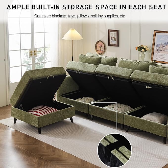 135'' Modular Sectional Sofa with All Seats Storage, Oversized L Shaped Couch for Living Room,4-Seater Comfy Cloud Couches with Movable Ottoman,Big Sectionals for Bedroom,Velet,Green
