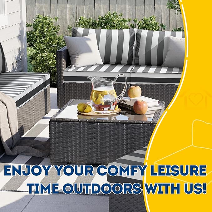 AAAAAcessories Outdoor Deep Seat Cushions, Waterproof, Fade-Resistant Patio Furniture Replacement Cushions, 24" x 24" x 5" + 24" x 13.5", Set of 4, Gray Cabana Stripe