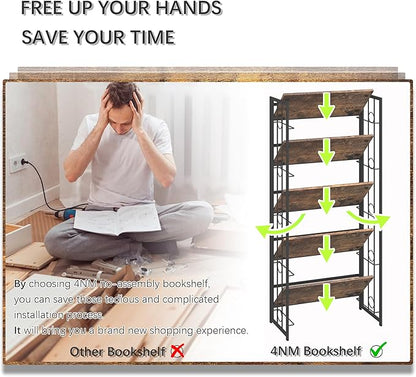 4NM No Assembly 5 Tiers Folding Bookshelf, 59.4" H Foldable Storage Shelves Vintage Bookcase Standing Racks Study Organizer Home Office - Rustic Brown Black