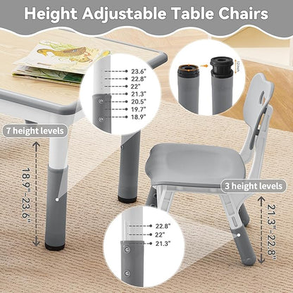 Kids Study Table and Chairs Set, Height Adjustable Toddler Table and Chair Set for Kids Ages 3-8, 31.5" L x 23.6" W Graffiti Desktop Plastic Children Art Table with 4 Seats, Grey