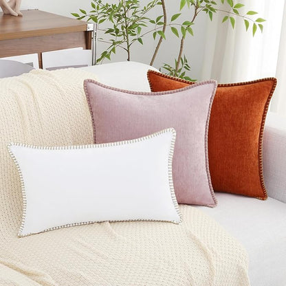 decorUhome Chenille Soft Throw Pillow Covers 16x16 Set of 2, Farmhouse Velvet Neutral Decorative Euro Pillow Covers with Stitched Edge for Couch Sofa Bed Home Decor, White