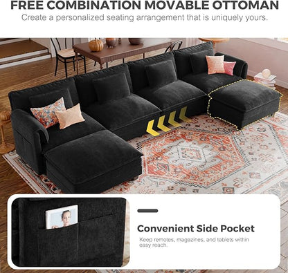 ELUCHANG Oversized 153" Modular Sectional Sofa, Comfy Deep Seat Cloud Couch, Sleeper Sofa Bed, 8 Seat Modern Couch with Removable Cover for Living Room, Apartment, DIY Combination, Chenille Black