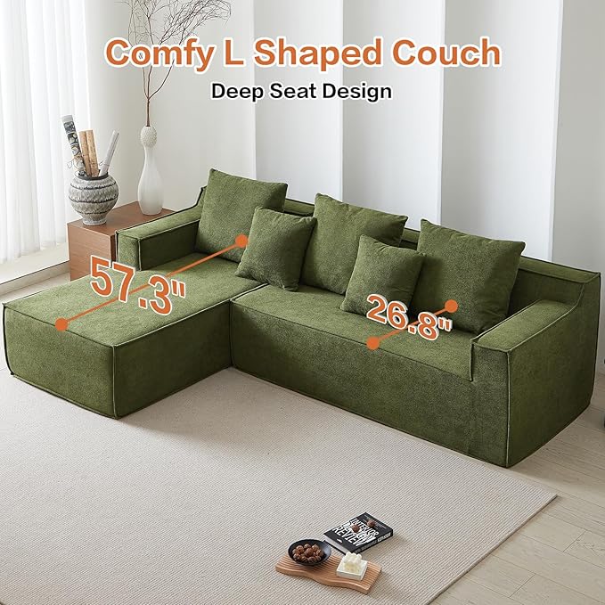 Modular Sectional Sofa, Boneless Cloud Sectional Couch with L-Shaped Lounge Chair, Soft Compressed Couch Memory Foam Sofa for Living Room, No Assembly Required (Green, Velvet)
