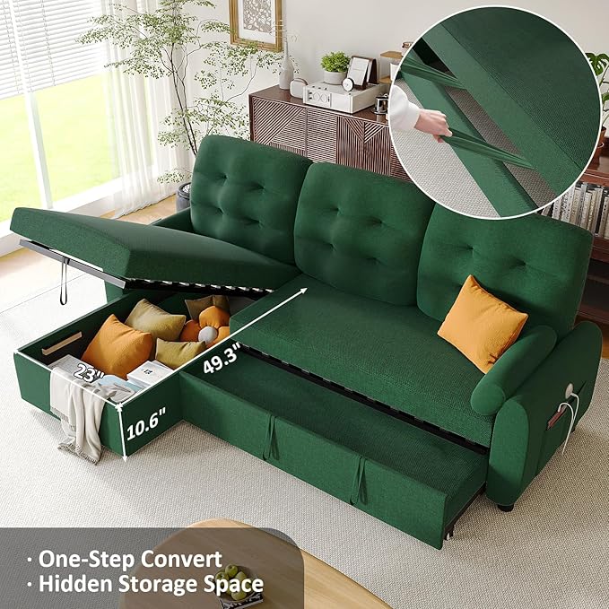 Ucloveria Sleeper Sofa Bed, 86" Convertible Sectional Sofa Couches for Living Room, Pull Out Couch Bed with Reversible Storage Chaise | USB Ports | Side Pockets | Removable Backrest