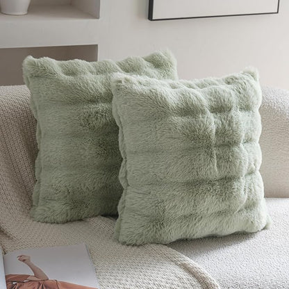 Neelvin Green Faux Fur Cozy Soft Double-Sided Decorative Throw Pillow Covers 24x24 inch Set of 2,Velvet Pillowcase Cushion Case for Sofa Couch