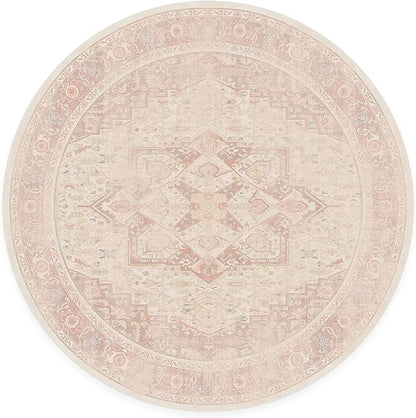 RUGGABLE Washable Area Rug – Kamran Soft Pink 6 ft Round, Stain-Resistant, Non-Slip – Medium Machine Washable Rugs for Living Room, Bedroom, Hallway, Entryway & Office–with Cushioned Pad