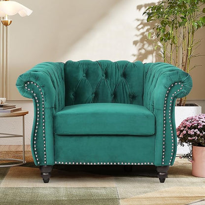 2 Piece Living Room Sofa Set, 3 Seater Velvet Sofa Couch and Chair Set, Mid Century Modern Upholstered Couch with Cushions, Comfy Tufted Chesterfield Couches for Living Room, Bedroom, Office