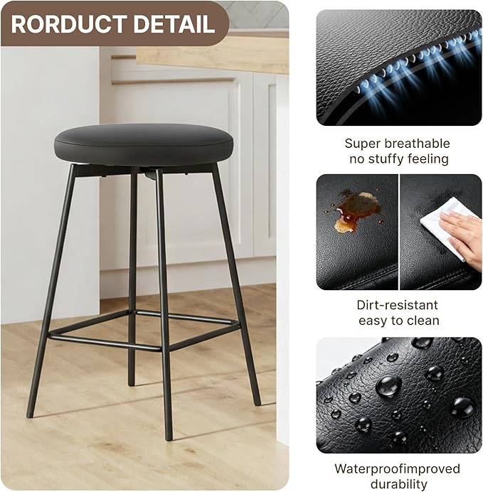 Swivel Bar Stools Set of 4, 24" Counter Height Bar Stool, Backless Barstools with Faux Leather Upholstered Seat&Sturdy Wood Legs for Kitchen Island, Black